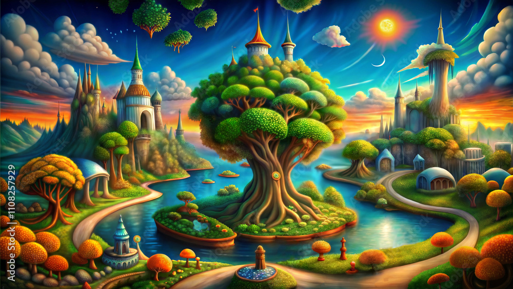 Obraz premium Surrealist landscape with vibrant trees, whimsical architecture, and a colorful sky