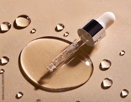 spilled clear serum with bubbles and glass pipette on beige surface close upper view skincare and dermatological procedures