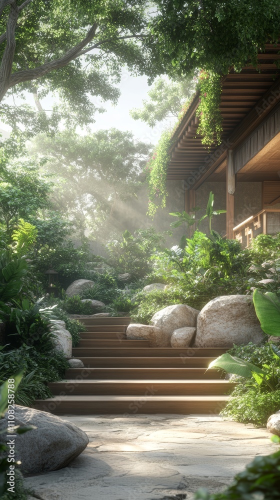 Sunlight streams through the trees illuminating a stone and wooden pathway leading up to a traditional Japanese house. Sunlight streams through the trees illuminating a stone and wooden pathway leading up to a traditional Japanese house.
