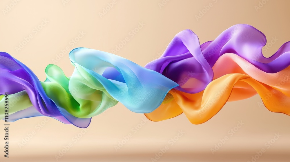 Fototapeta premium Colorful flowing silk ribbons with soft light against a warm background