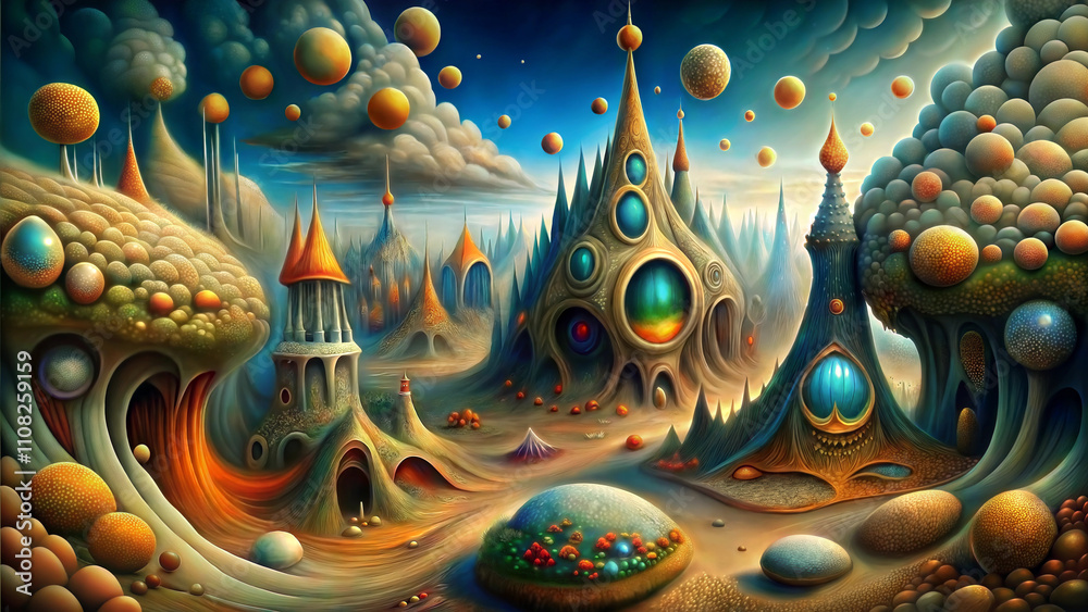 Obraz premium Surrealist landscape featuring colorful structures, floating spheres, and whimsical elements