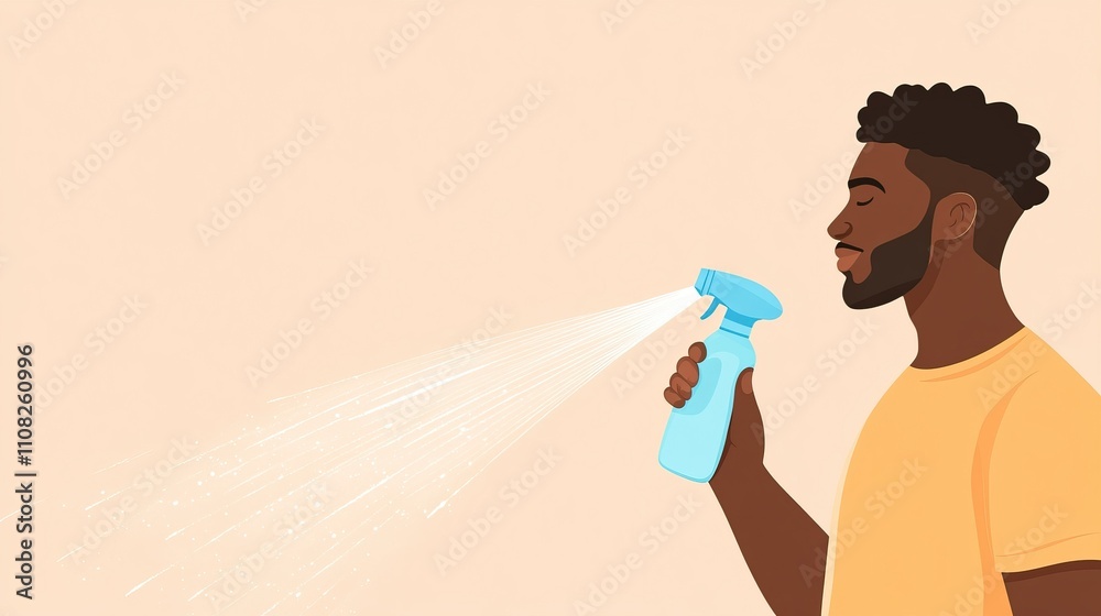 Man using spray bottle for cleaning with focus on spray action - house cleaning concept Man using spray bottle for cleaning with focus on spray action - house cleaning concept