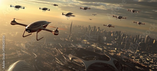 Drone Swarm Over Futuristic Cityscape at Sunset photo