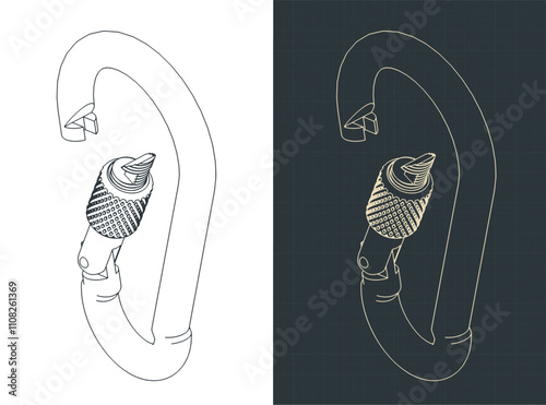 Carabiner inox isometric blueprints illustrations