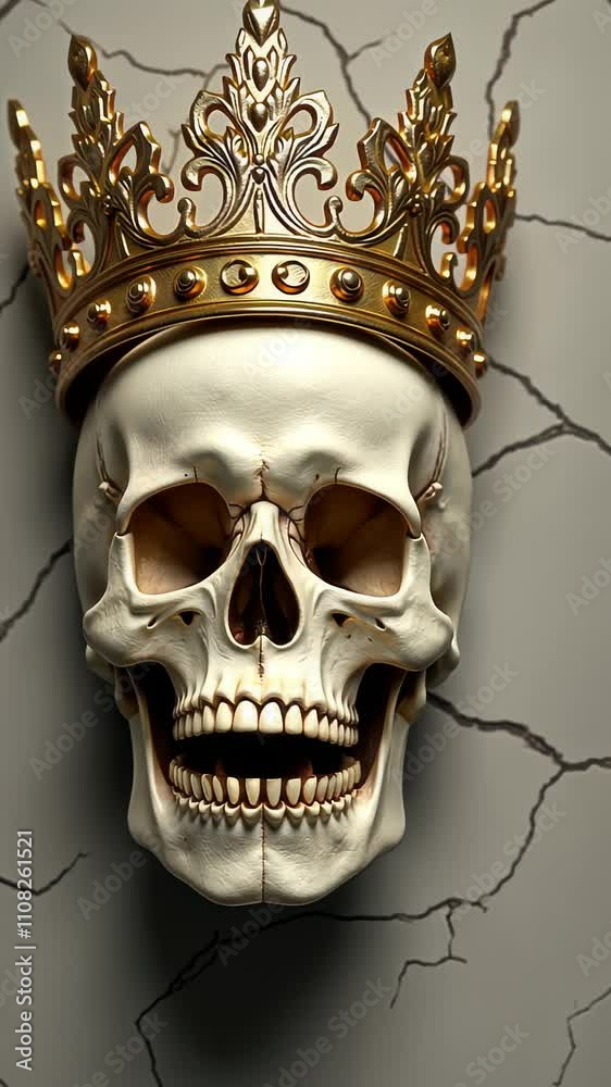 The image features a regal golden crown placed atop a detailed skull against a cracked backdrop. this striking composition evokes a sense of power and impermanence, creating a dramatic contrast. The image features a regal golden crown placed atop a detailed skull against a cracked backdrop. this striking composition evokes a sense of power and impermanence, creating a dramatic contrast.