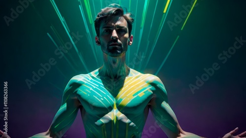Radiant figure illuminated by neon green and yellow streaks, exuding energy and power against a dark background.
