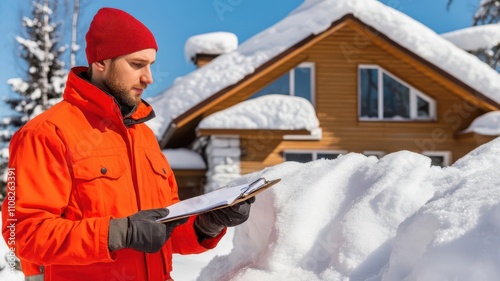 House insurance concept. A snowstorm damaged house with a roof leak, as an adjuster takes notes for an insurance claim