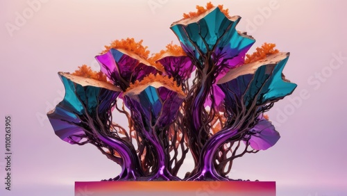 Futuristic crystal trees with vibrant orange foliage and metallic purple-blue trunks on a gradient pastel background.