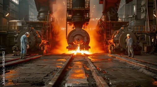 A steel factory with molten metal pouring from a machine, glowing orange. Workers in protective gear monitor the process. The industrial setting is filled with machinery, rails, and intense heat. photo