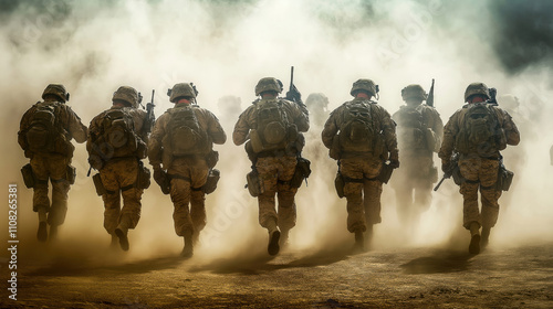 Military squad runs through desert dust storm. Special ops soldiers move swiftly in tactical gear. Stealthy operation planned in advance. Soldiers appear concentrated. Action shot focuses on rapid photo