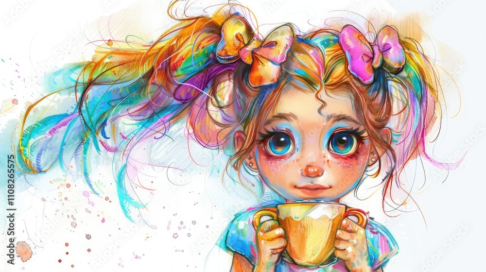 Fototapeta premium Cute little girl with bows holding a coffee cup