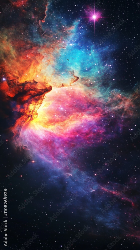 Naklejka premium A vibrant cosmic nebula showcasing swirling colors of blue, orange, pink, and purple against a backdrop of stars.