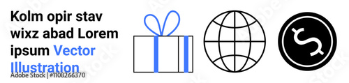 Present wrapped with bow, globe symbol, and currency icon. Ideal for e-commerce, international trade, celebrations, global economy, finance gifting and marketing. Landing page