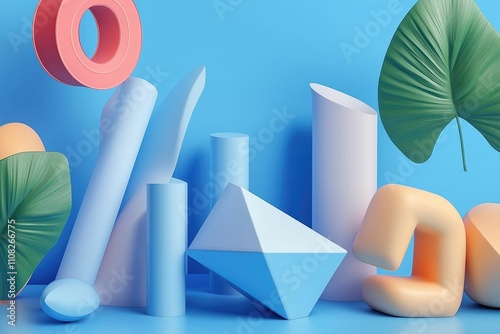 Abstract geometric shapes in pastel colors on bright blue background. Colorful 3D forms create visually interesting composition. Modern design elements combined with plants like tropical leaves. photo