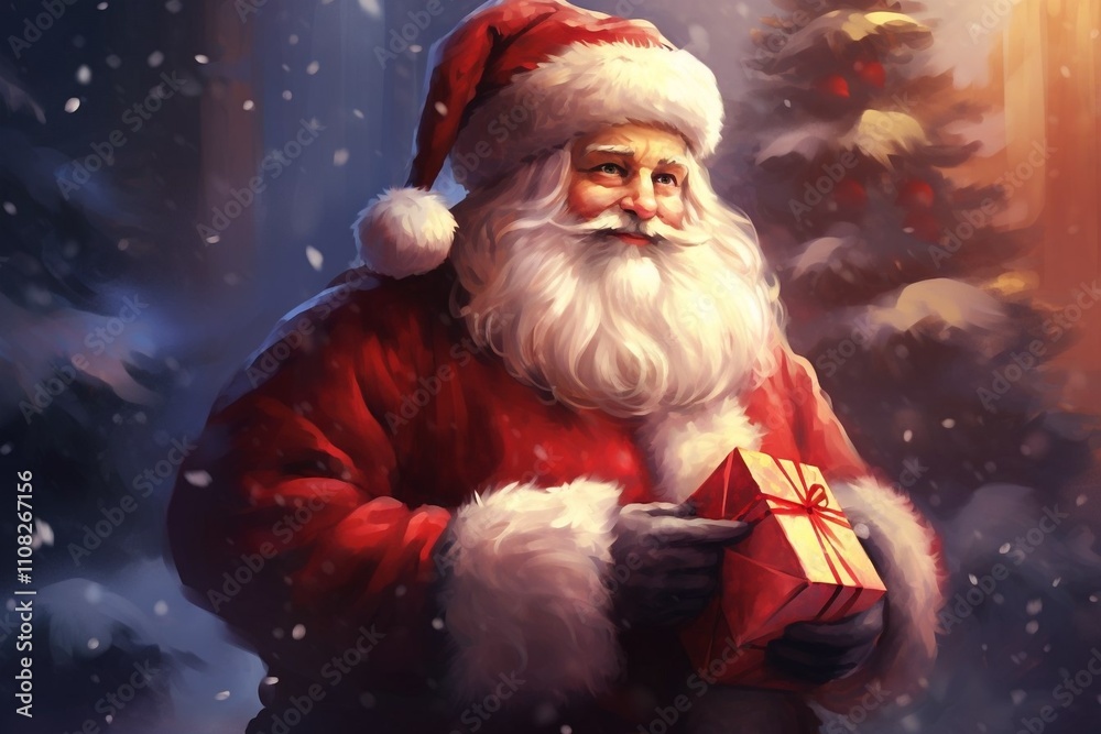 A cheerful Santa Claus stands against a magical Christmas background full of decorations