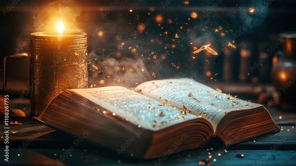 Obraz premium An Open Book Glimmering With Golden Dust Near A Candle