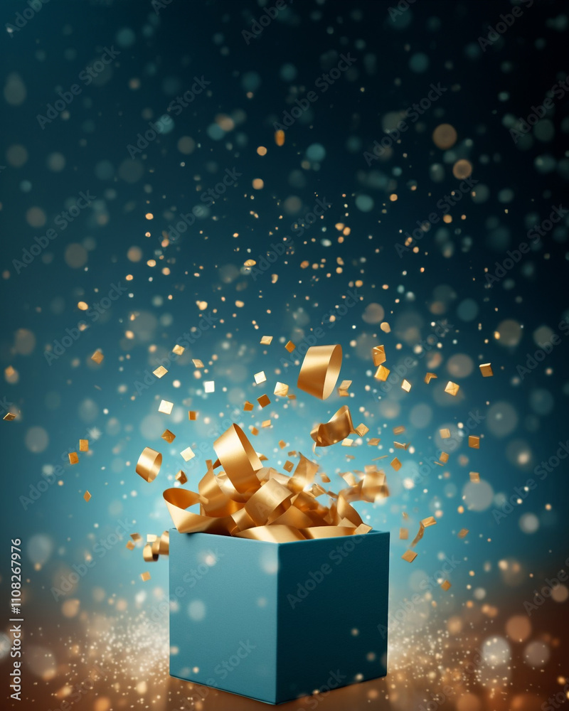 Christmas banner with copy space. A delightful Celebration Gift Box that features a stunning Golden Confetti Explosion inside