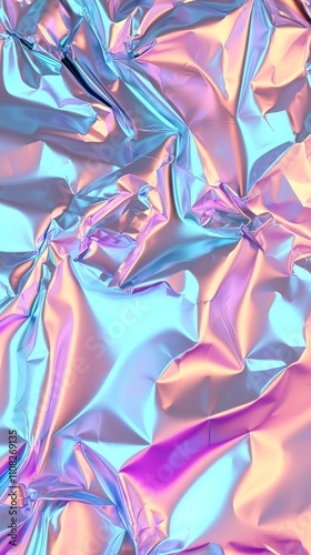 Shiny, iridescent crumpled foil in gradients of blue and pink creates a vibrant, modern backdrop. photo