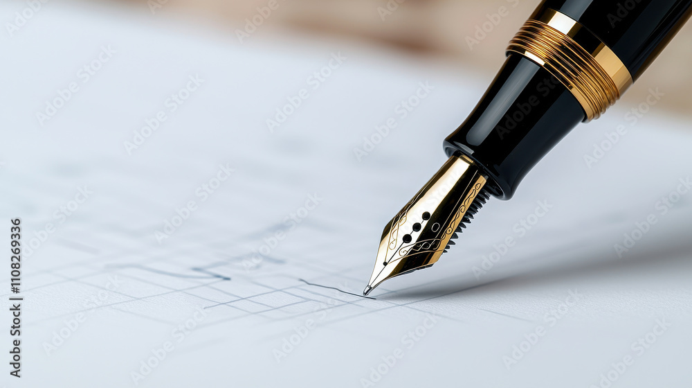 Fototapeta premium Pen write paper chart concept. Close-up of an elegant fountain pen writing on paper with grid lines.