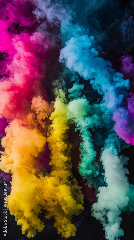 Fototapeta premium Colorful smoke in vibrant hues creates a mesmerizing abstract display against a dark background.