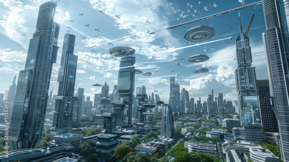 Obraz premium The image depicts a futuristic cityscape with towering skyscrapers, flying vehicles, and advanced architecture, surrounded by water and greenery, under a clear sky with a distant planet visible.