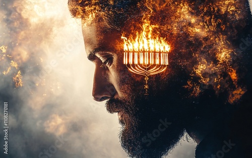 A contemplative image of a man with a menorah, perfect for Hanukkah celebrations, spiritual reflection, and heritage-themed designs. photo