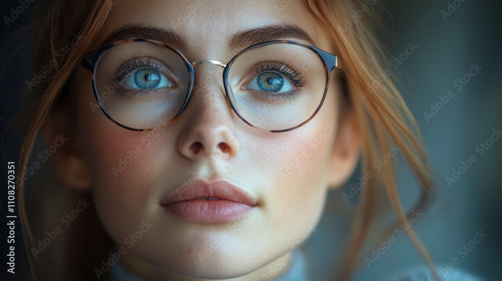 Thoughtfully captured portrait of a young woman with red hair and glasses, highlighting the intensity and depth of her gaze in a serene setting. Thoughtfully captured portrait of a young woman with red hair and glasses, highlighting the intensity and depth of her gaze in a serene setting.