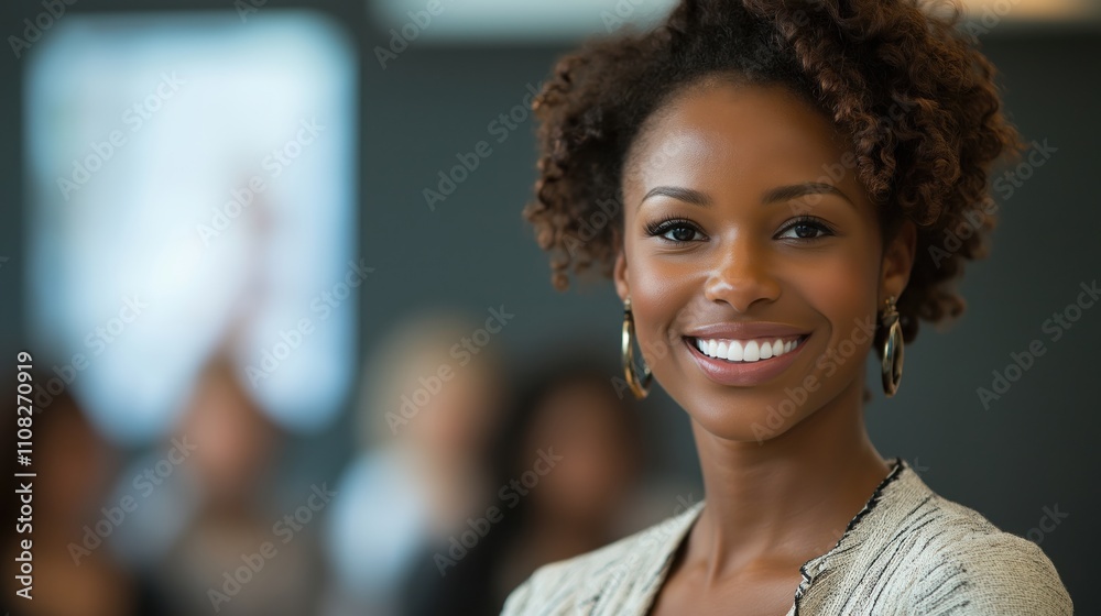Obraz premium Smiling professional woman in a business setting, representing confidence and positivity