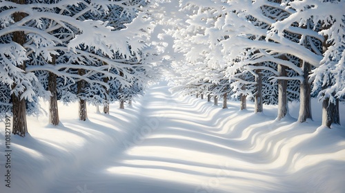 A snow-draped forest path, framed by majestic evergreens, the pure white snow reflecting soft sunlight through the crisp winter air, peaceful and undisturbed photo