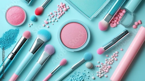 Colorful Makeup Tools and Products Arranged on a Pink and Blue Surface