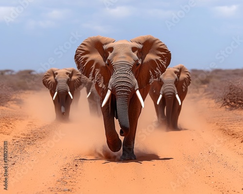 Elephant herd moving through red dusty plains, intense warm colors, dramatic and wild ambiance photo