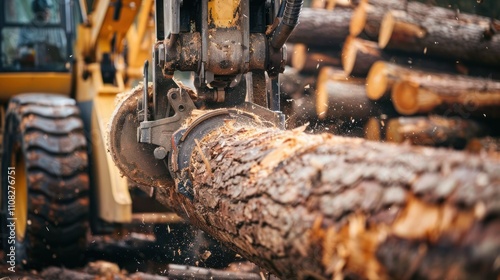 A heavy-duty forestry machine gripping a freshly cut log, surrounded by stacks of timber in a dense forest. The scene captures the dynamic process of logging with flying wood chips and rugged terrain. photo