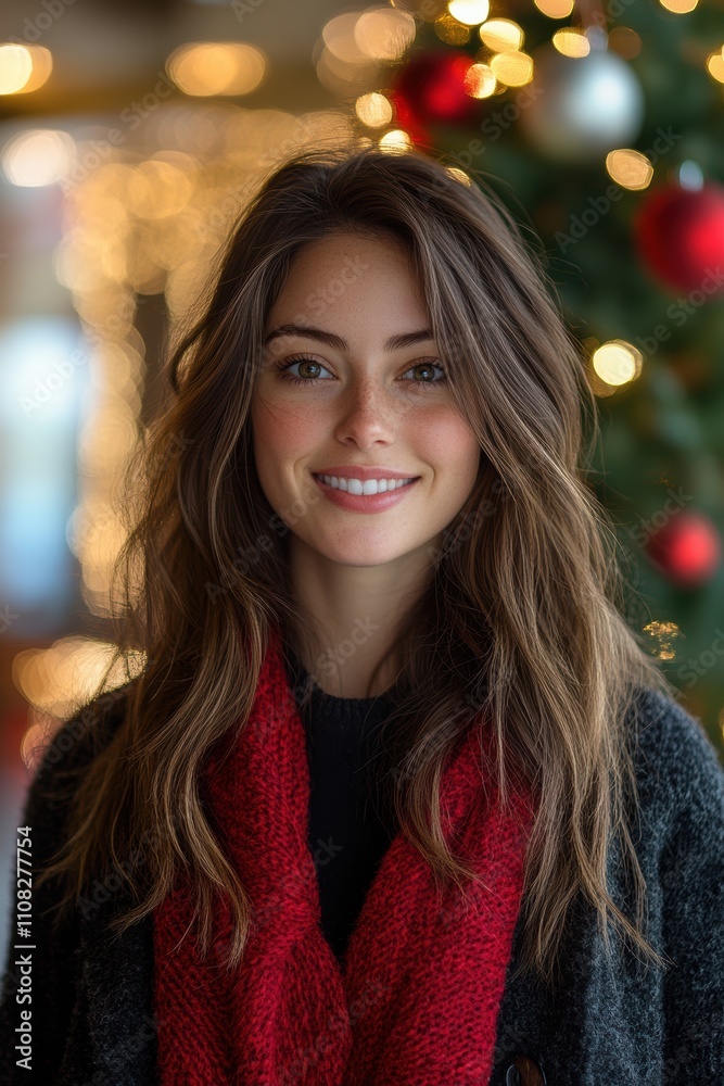 Obraz premium A joyful portrait of a person with long hair, wearing a red scarf, against a festive background adorned with blurred lights and Christmas decorations.