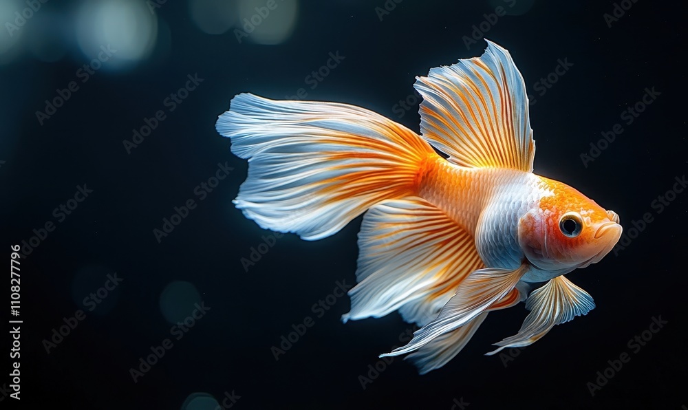 Orange and white Siamese fighting fish on a black background. Copyspace black background. Orange and white Siamese fighting fish on a black background. Copyspace black background.