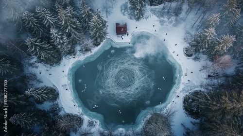 Frozen forest lake with skaters cabin and snowy trees aerial shot