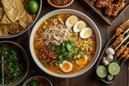 A delicious bowl of spicy chicken noodle soup topped with boiled eggs, crispy onions, cilantro, and lime, accompanied by grilled skewers, fresh herbs, and crispy chips on a wooden table. photo