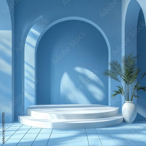 photostock of Abstract empty white podium with geometric shadows on blue background. Mock up stand for product presentation.  Minimal concept , isolated on white background