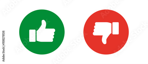 Set of thumbs up and down symbols in red and green colors. Vector 10 eps.