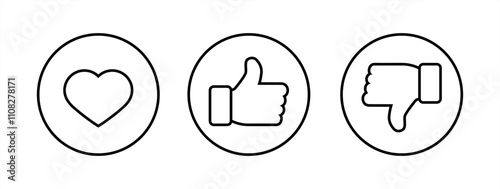 Love, like, and dislike icon on circle line. Heart, hand thumb up and down sign symbol, vector 10 eps.
