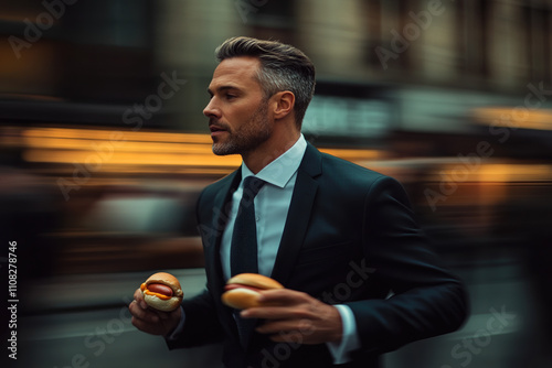 Businessman in suit hurries through city while holding hot dog in hand during evening rush