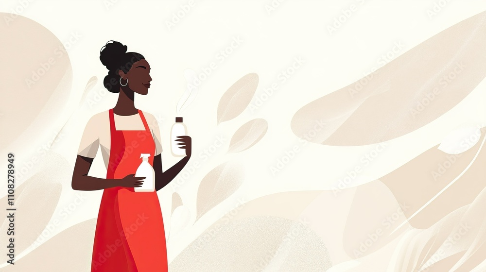 Fototapeta premium Woman holding cleaning spray and bottle in red apron against abstract background for house cleaning concept