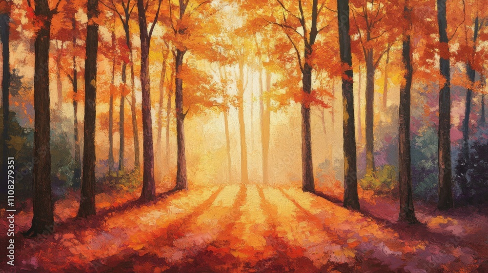 Obraz premium Golden Sunlight Filtering Through Autumn Trees