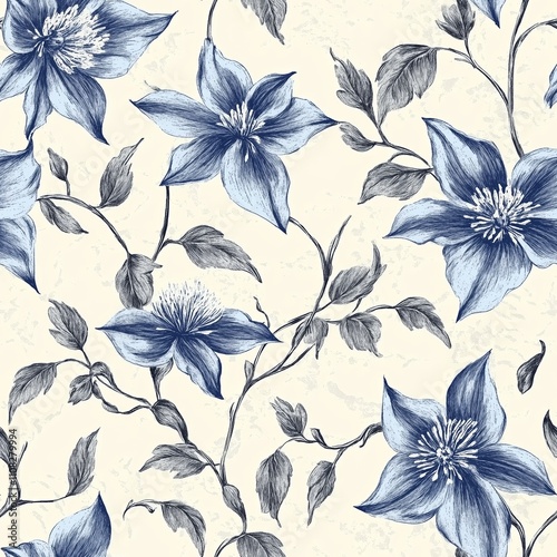 Wallpaper Mural Floral pattern with blue and gray flowers on a soft cream background showcasing intricate botanical details Torontodigital.ca