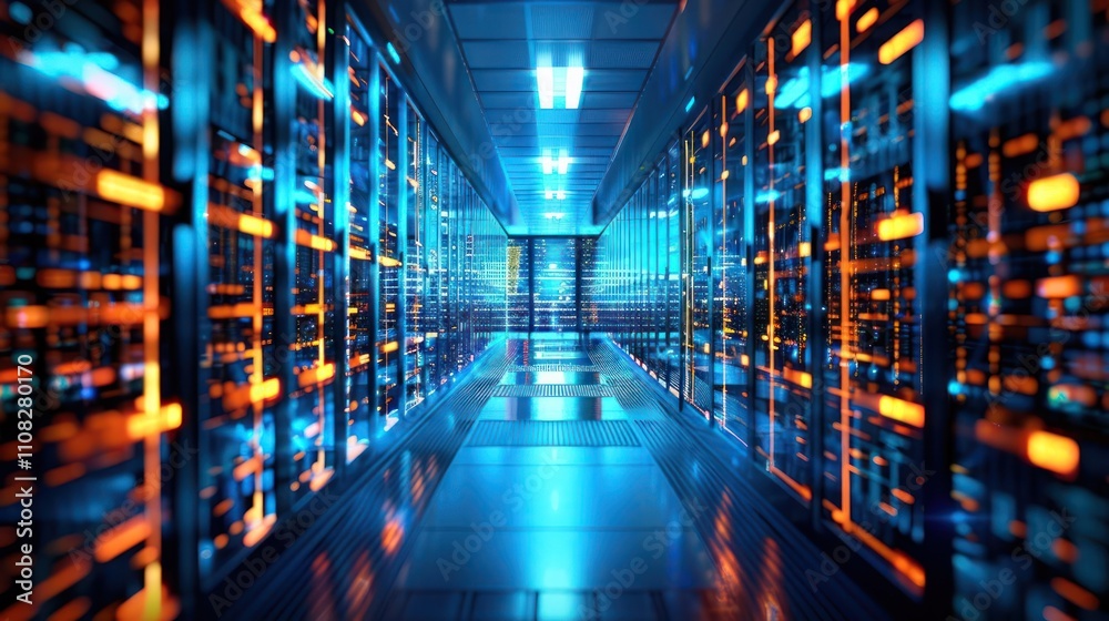 Obraz premium A futuristic data center corridor illuminated by vibrant lights and server racks.
