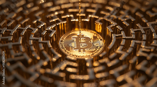 A gold Bitcoin coin rests at the center of an intricate, golden maze, symbolizing the challenges and complexities of the cryptocurrency market and its uncertain future. photo