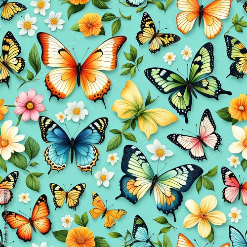 Whimsical butterflies dancing through garden of vivid flowers, capturing essence of spring and renewal, for childrens illustration, playful design, decoration, greeting card, floral design, print.