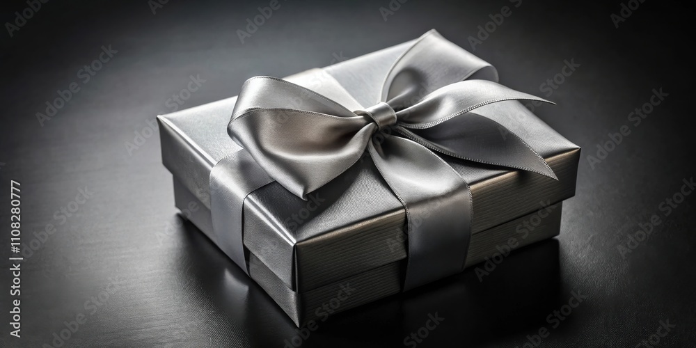 Fototapeta premium A sleek silver gift box with a satin ribbon bow, resting on a dark surface, exuding elegance and anticipation.