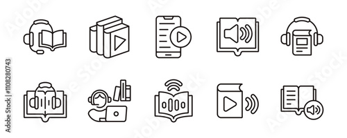 audio book icon set education study listening podcast speaker earphone line vector online digital library sound music audiobook symbol illustration