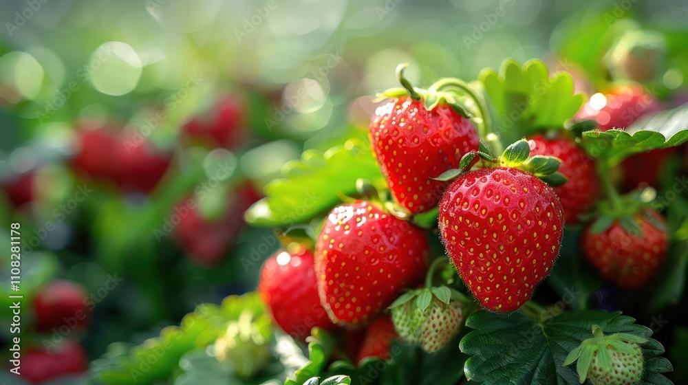 A close-up view of ripe strawberries growing among green leaves. A close-up view of ripe strawberries growing among green leaves.