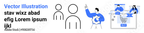 Two simple human icons, a person with a gear, and individuals interacting with an e-commerce interface. Ideal for online marketing, teamwork, e-commerce, product management, digital strategy